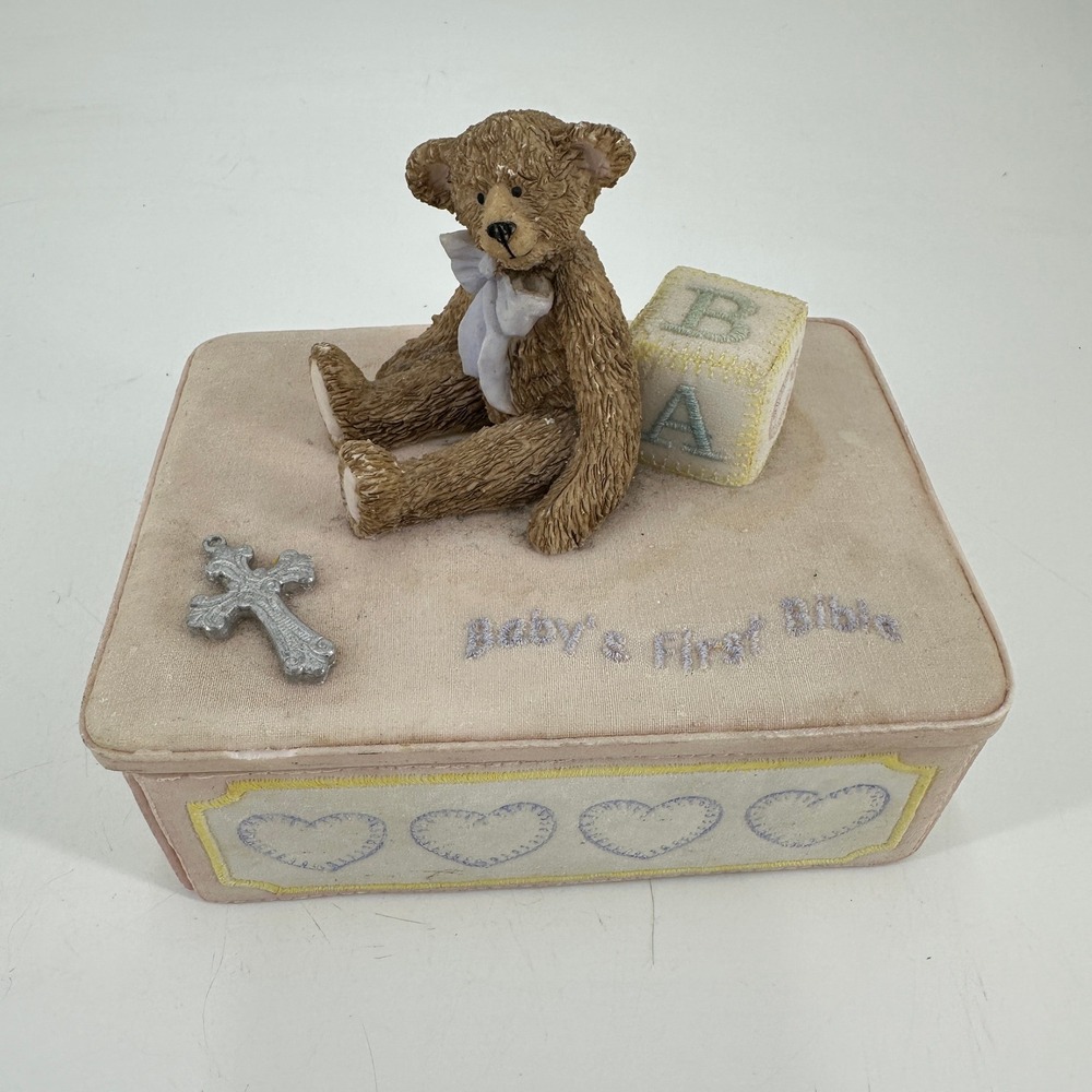 Babys First Bible Keepsake Box Teddy Bear Resin Cross Pink Nursery Decor
